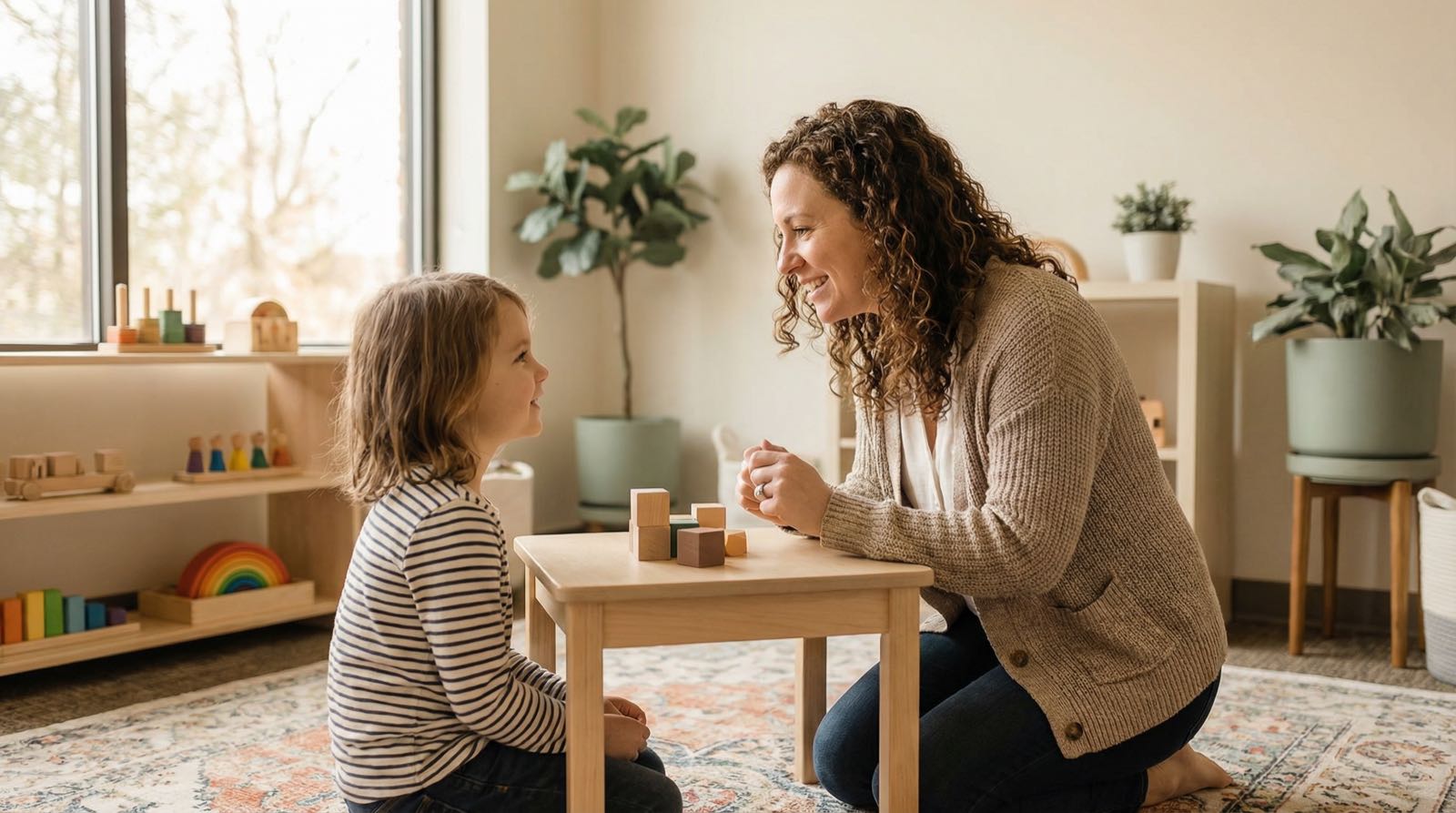 A BehavioTech therapist smiling with a child during an in-home ABA session